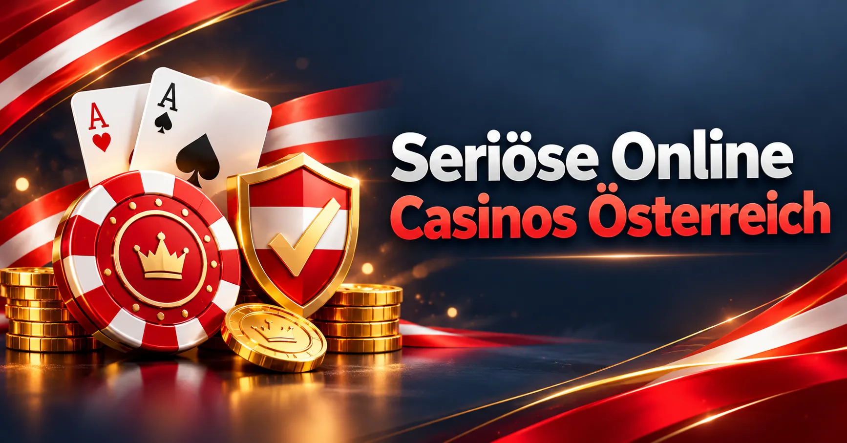 Seriöse Online Casinos in Österreich mit Spielkarten, Casinochips, Goldmünzen und Schutzschild vor rot-weißer Flagge.