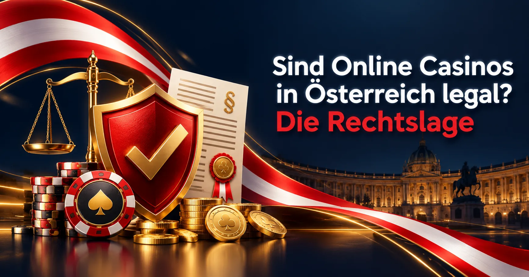 Rechtliche Lage der Online Casinos in Österreich mit Gesetzesdokument, goldener Waage, Schutzschild und Casinochips.